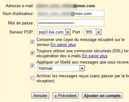 Ajouter compte POP Gmail